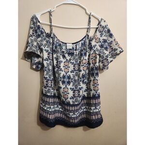 Boho Floral Paisley Off the Shoulder Blouse Navy Blue White Cream Peach Top SZ M